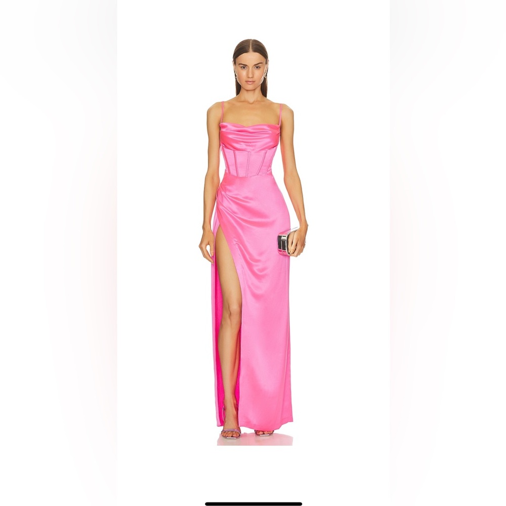 Hidden back zipper
Boned bodice
Draped neckline
Back cutout
Lightweight satin